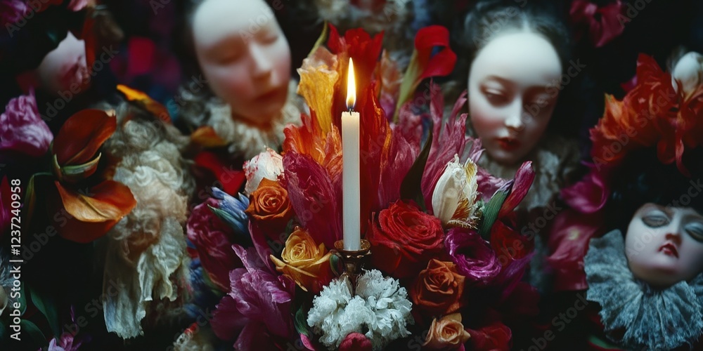 Porcelain dolls amidst vibrant flowers and candlelight, dark background; artistic still life. Porcelain dolls amidst vibrant flowers and candlelight, dark background; artistic still life.