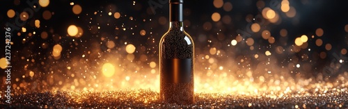 A sleek black wine bottle with gold foil floating in sparkling golden dust on a dark background. Ideal for luxury branding, celebration, and elegant marketing materials.