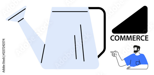 Watering can and pointing person next to Commerce text element with triangle. Ideal for business growth, nurturing ideas, marketing strategies, innovation, economic development, financial investment