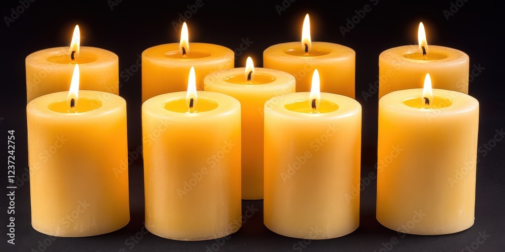 Eight lit candles on dark background, peaceful scene. Eight lit candles on dark background, peaceful scene.