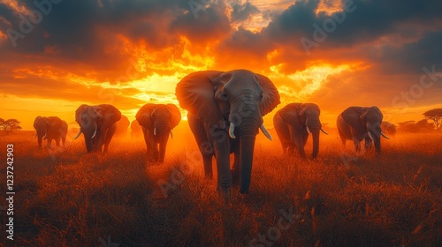 Majestic Elephants Roaming Across the Vast African Savannah Underneath the Golden Sun