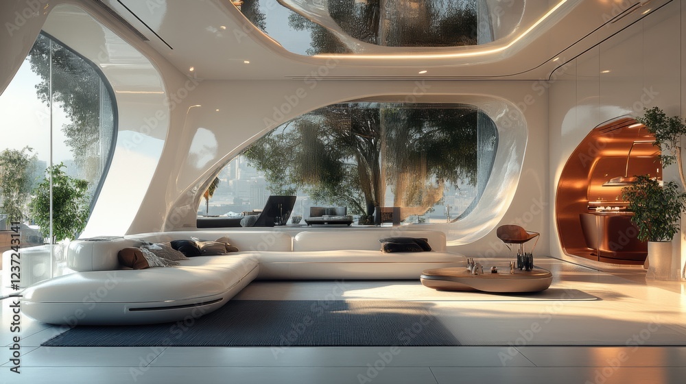 Futuristic minimalist living room with curved architecture and modern furniture design Futuristic minimalist living room with curved architecture and modern furniture design