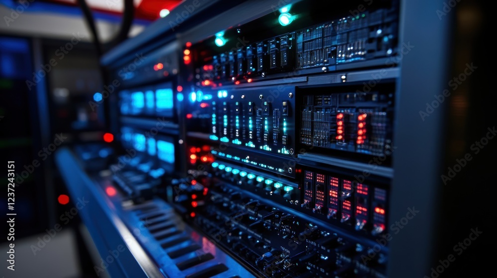 Complex electronic equipment with multiple blinking lights and digital displays suggests innovative production processes in a dark server room environment, highlighting technological advancement Complex electronic equipment with multiple blinking lights and digital displays suggests innovative production processes in a dark server room environment, highlighting technological advancement