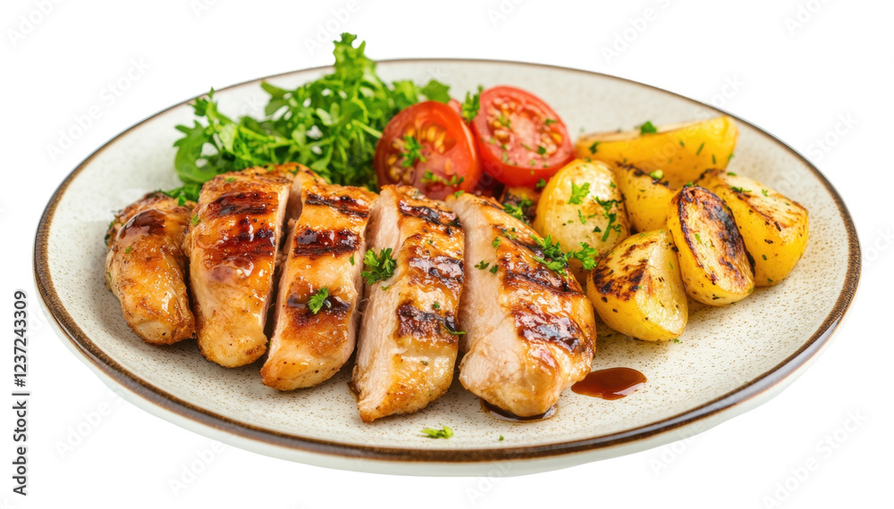 Grilled chicken with vegetables and herbs on plate isolated on transparent background Grilled chicken with vegetables and herbs on plate isolated on transparent background