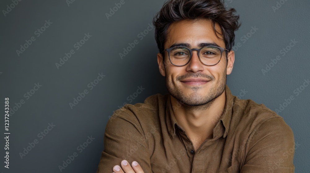 Fototapeta premium Smiling young man with glasses in brown shirt against gray background