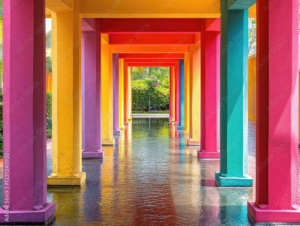 Vividly colored arches leading to a water feature. Vividly colored arches leading to a water feature.