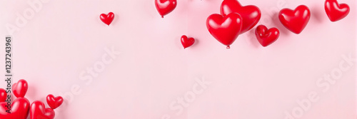 Red Balloon Hearts with Shadows on a Light Pink Background, Valentines Day Banner