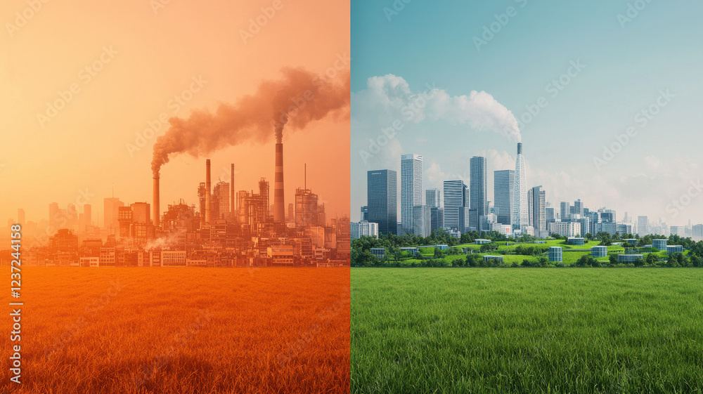 image contrasts industrial pollution with clean, green cityscape, highlighting environmental, Global Warming and Climate Crisis Themed