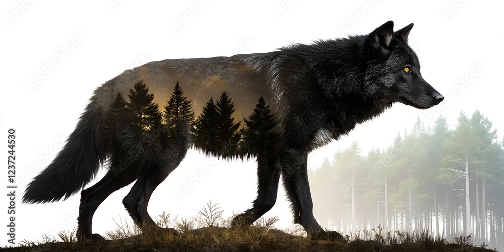 Powerful black wolf walks through a forest landscape filled with tall trees blending seamlessly in its silhouette at dawn Powerful black wolf walks through a forest landscape filled with tall trees blending seamlessly in its silhouette at dawn