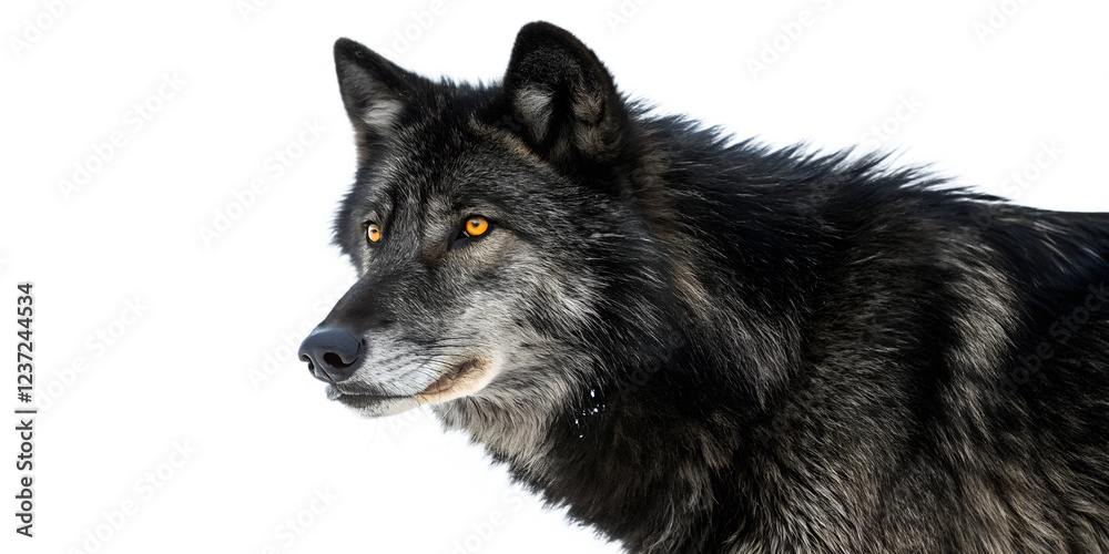 Fototapeta premium Black wolf with striking golden eyes stands alert in a snowy landscape showing details of its fur coat and expression Transparent PNG wolf, black, golden, eyes, snowy, landscape,