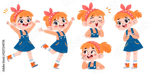 Cheerful young girl expressing different emotions while wearing a blue dress with orange shoes and a pink headband in a playful cartoon style