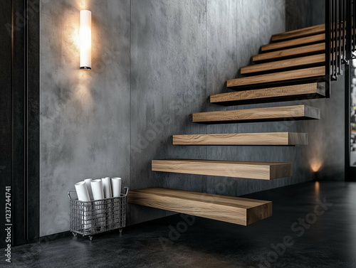 Modern staircase with floating wooden steps and concrete wall. Interior design with contemporary staircase and metal basket with rolled paper