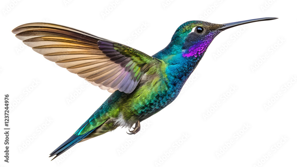 Obraz premium Vibrant hummingbird hovering in mid-air showcasing iridescent feathers in a natural habitat setting Transparent PNG