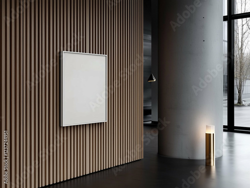 Minimalist wall with framed picture in modern interior design. The wall has wooden planks and a white frame. Modern interior with concrete column and golden lamp