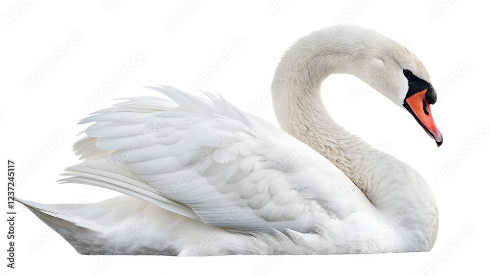 Fototapeta premium White swan resting gracefully by the water's edge in a serene natural setting during a sunny day Transparent PNG
