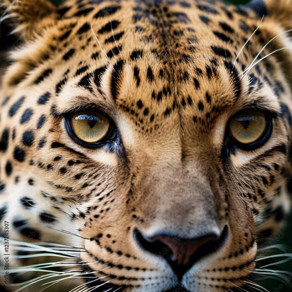 Naklejka premium Leopard eyes reveal striking detail and unique patterns, capturing the animal gaze in its natural environment. The scene highlights the beauty and intensity of wildlife. Close-up view. Generative AI.