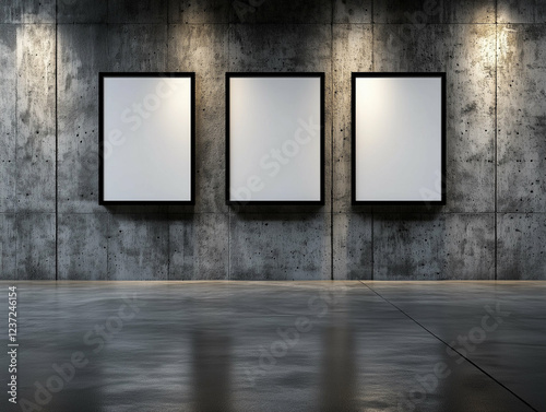 Three empty frames on a concrete wall in an art gallery. Empty frames hanging on the wall in the art gallery