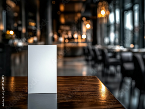 Menu card on wooden table in restaurant. Restaurant menu card on table with blurred background. Food and drink menu in restaurant