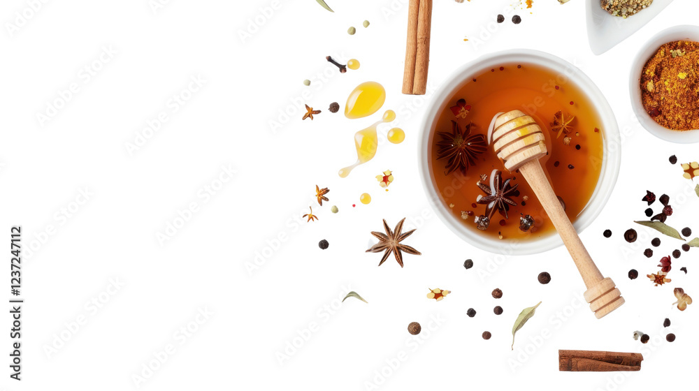 Honey with spices, cinnamon sticks and honey dipper on transparent background Honey with spices, cinnamon sticks and honey dipper on transparent background