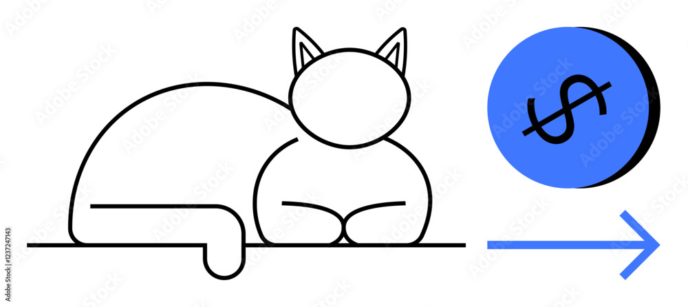 Line drawing of a cat sits alongside a blue circle featuring a crossed-out dollar sign and a blue arrow pointing right. Ideal for financial caution, budgeting, savings, expenses, economic decisions Line drawing of a cat sits alongside a blue circle featuring a crossed-out dollar sign and a blue arrow pointing right. Ideal for financial caution, budgeting, savings, expenses, economic decisions