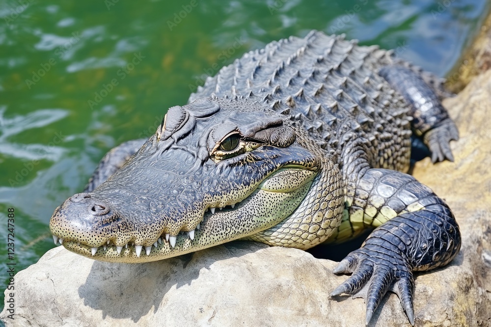 A crocodile sitting and resting, possibly in a zoo or sanctuary. A crocodile sitting and resting, possibly in a zoo or sanctuary.