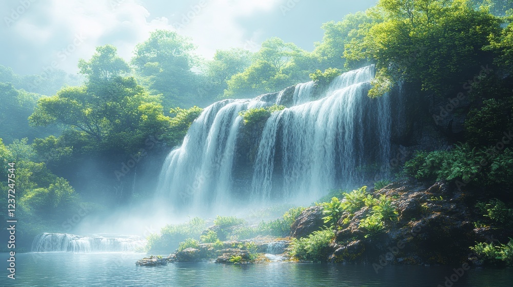 Fototapeta premium Majestic Waterfall Flowing Down Rocky Cliff in Picturesque Outdoor Environment with Lush Greenery