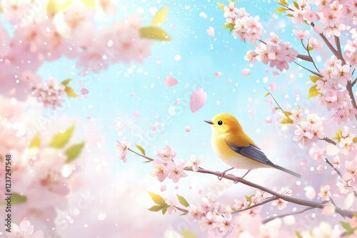 A yellow bird perched on a blossoming branch. AI.