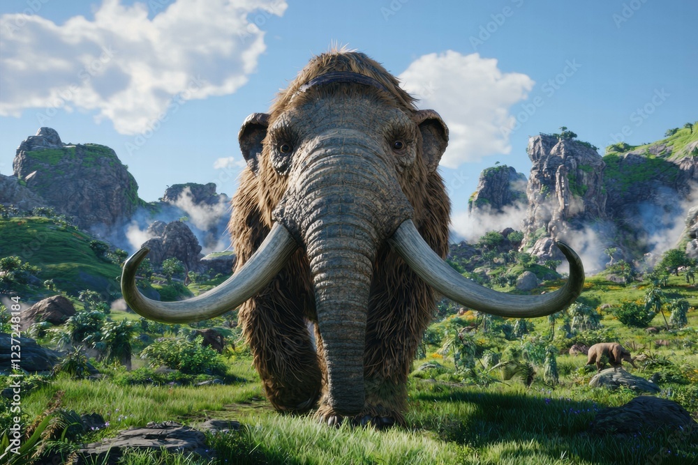 Obraz premium Woolly mammoth in a prehistoric landscape. AI.