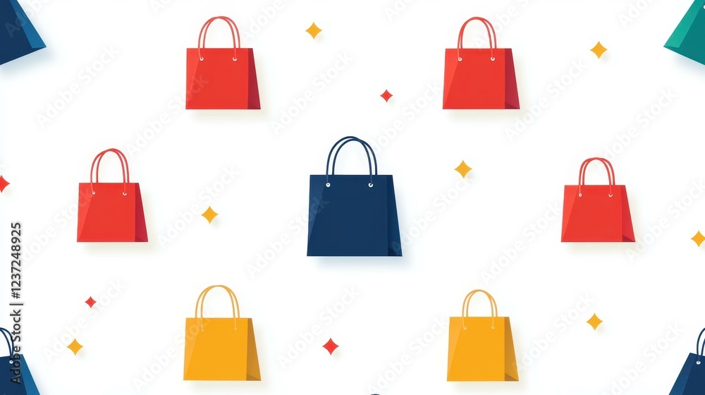This vibrant 2D vector pattern features stylish shopping bags on a minimalist white backdrop, accented with red and yellow pops. This vibrant 2D vector pattern features stylish shopping bags on a minimalist white backdrop, accented with red and yellow pops.