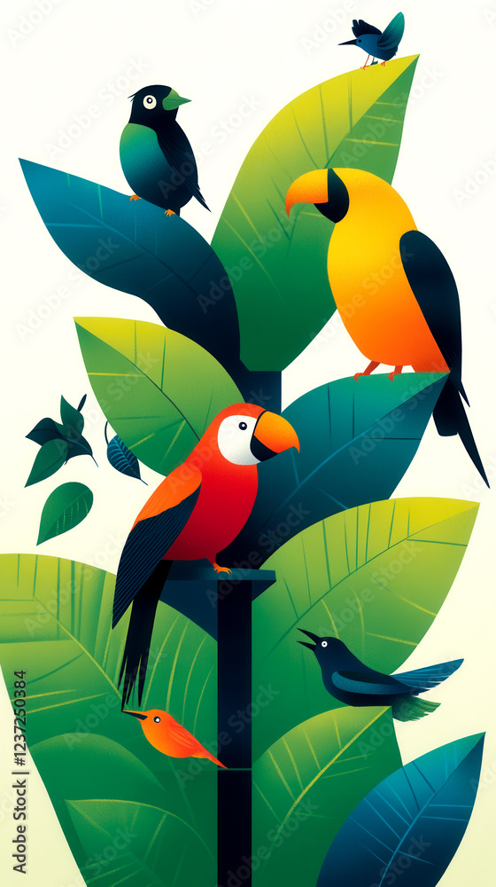 Obraz premium Colorful tropical birds perched on lush green leaves, creating a vibrant and lively natural scene.