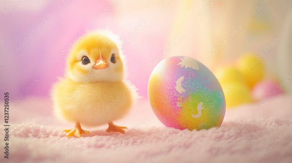 A cute chick next to a multi-colored Easter egg. A cute chick next to a multi-colored Easter egg.