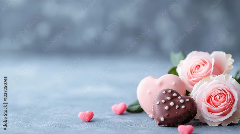 Romantic pink roses and heart-shaped chocolates Romantic pink roses and heart-shaped chocolates