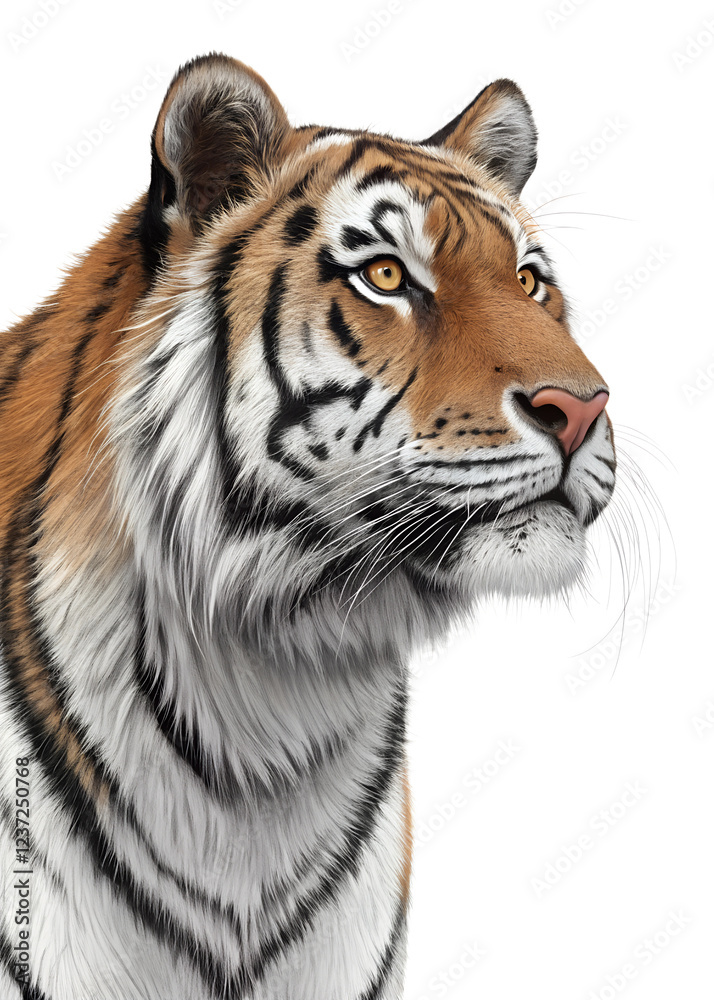 Naklejka premium Majestic tiger resting in a tranquil pose showcasing fur details and expressive eyes against a plain background Transparent PNG
