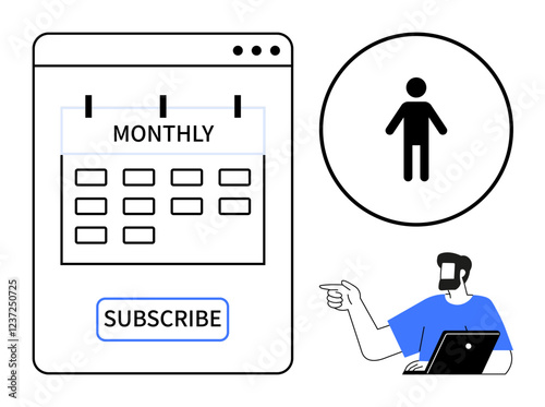 Calendar with monthly layout and subscribe button person icon and man using laptop pointing towards calendar. Ideal for subscriptions, scheduling, time management, customer engagement, online