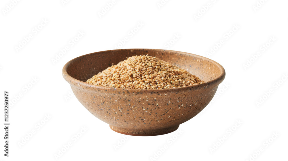 Sesame seeds piled in rustic brown bowl on transparent background Sesame seeds piled in rustic brown bowl on transparent background