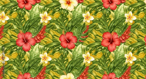 Seamless patterns with tropical leaves and exotic flowers for packaging or fabric design