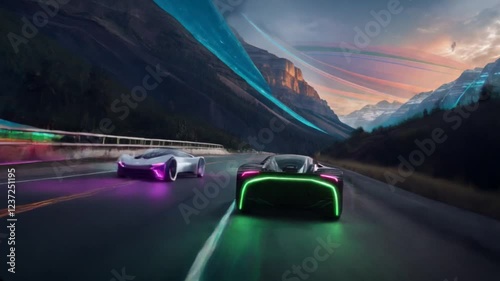 Fast cars racing through a stunning landscape at sunset with vibrant trails and neon lights