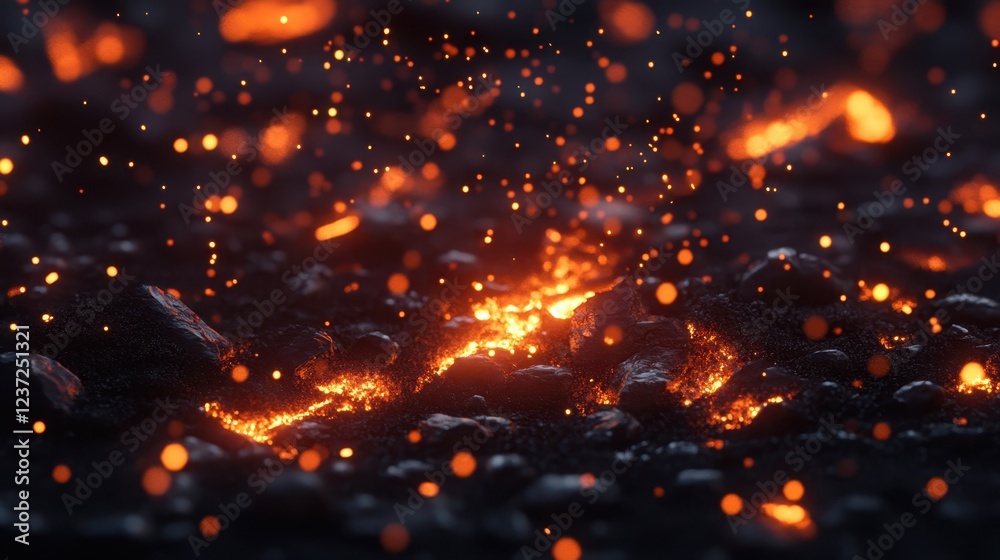 Fototapeta premium A close-up of ash with small embers glowing faintly, surrounded by a light mist of smoke, under the vast dark sky.