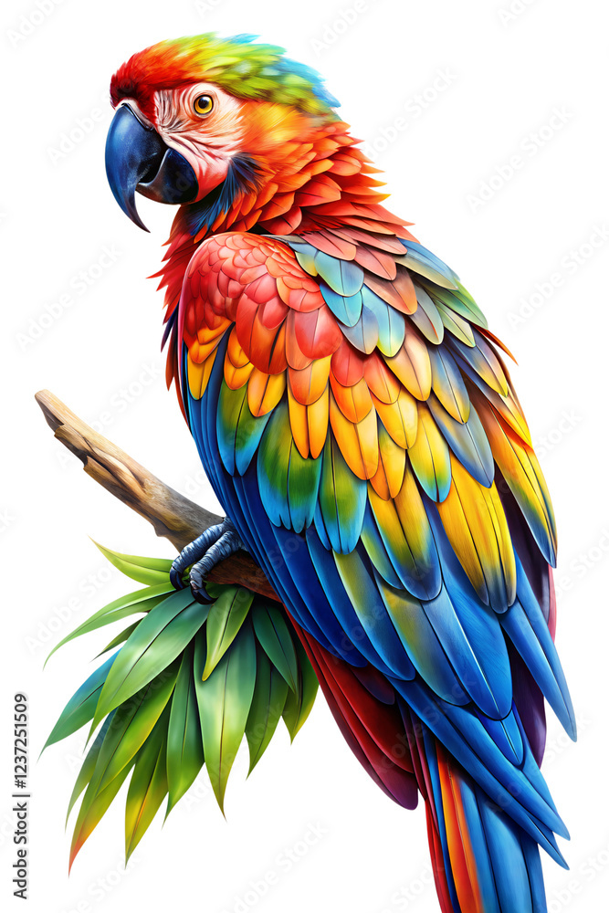 Obraz premium Vibrant macaw perched on a branch showcasing colorful feathers in a tropical setting during daylight Transparent PNG