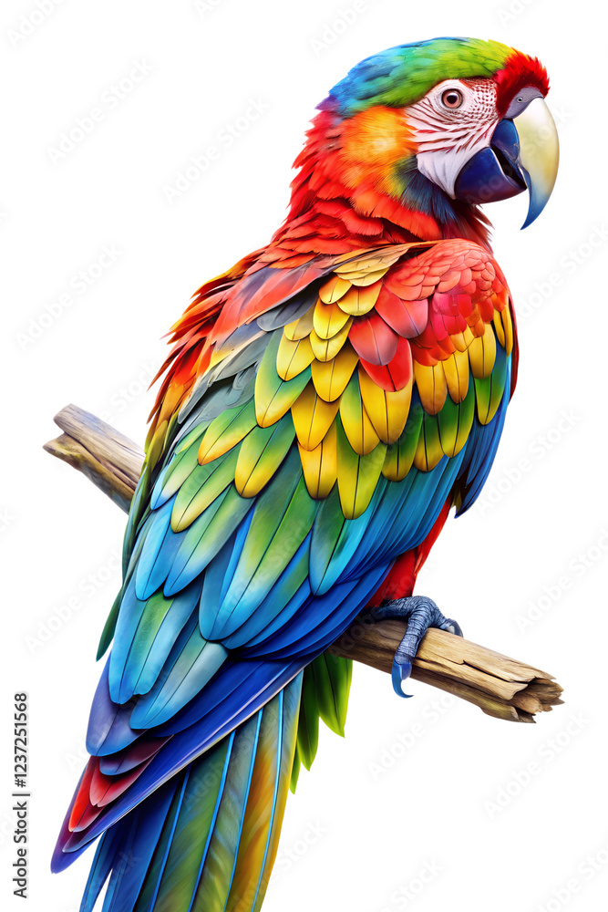 Fototapeta premium Vibrant parrot perched on a branch showcasing a dazzling array of colors in a tropical setting Transparent PNG