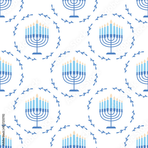 A seamless pattern with burning blue menorah and a floral wreath. Happy Hanukkah celebration print. Banner, background, wallpaper, fabric template.
