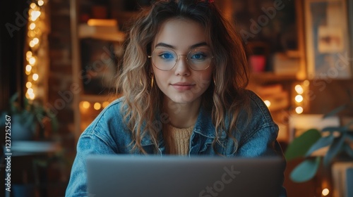 Young woman in glasses working on laptop in cozy home office with ambient lighting