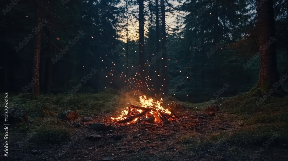 A wide shot of the glowing remains of a campfire in a forest clearing, with a few sparks rising and the last embers dying down. A wide shot of the glowing remains of a campfire in a forest clearing, with a few sparks rising and the last embers dying down.