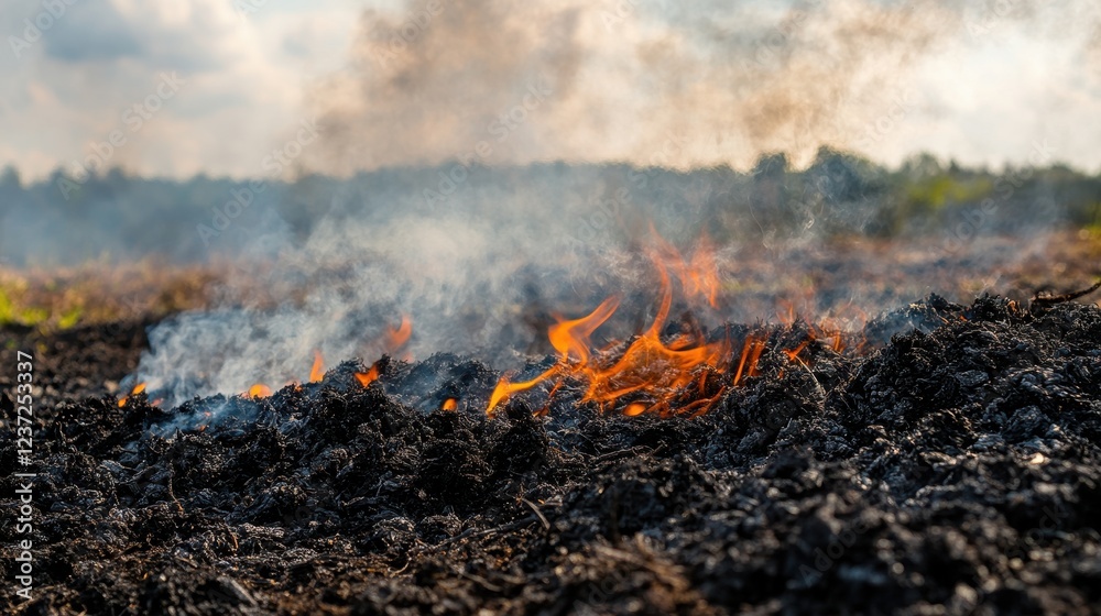 Close-up of a smoldering ash pile with glowing embers still visible, small tendrils of smoke rising slowly into the air. Close-up of a smoldering ash pile with glowing embers still visible, small tendrils of smoke rising slowly into the air.