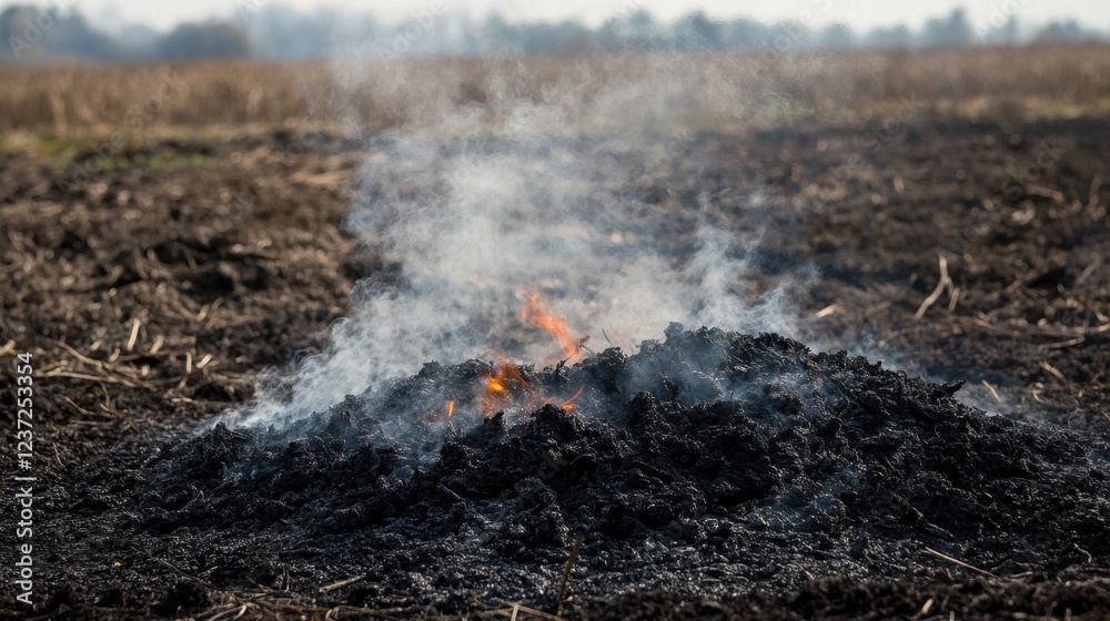 Close-up of a smoldering ash pile with glowing embers still visible, small tendrils of smoke rising slowly into the air. Close-up of a smoldering ash pile with glowing embers still visible, small tendrils of smoke rising slowly into the air.