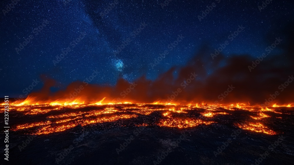 Fototapeta premium Close-up of dark, cool embers with small, sporadic sparks rising, set against a backdrop of burnt logs and fading smoke.