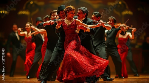 Woman in red dress dances with men, orchestra plays, stage background photo