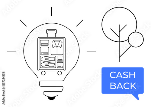 Lightbulb with suitcase showcasing packed clothes, tree diagram, cash-back text box. Ideal for travel tips, packing efficiency, sustainability, financial savings, innovation, eco-friendly travel