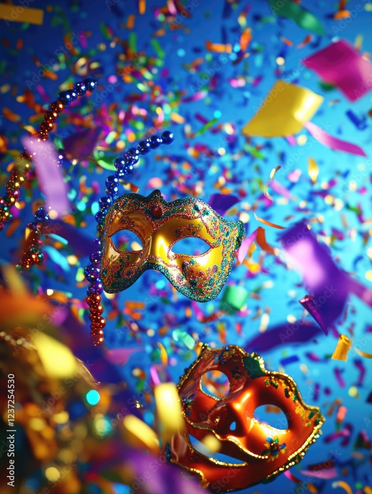 Colorful mascarade masks on confetti explosion background. Colorful mascarade masks on confetti explosion background.