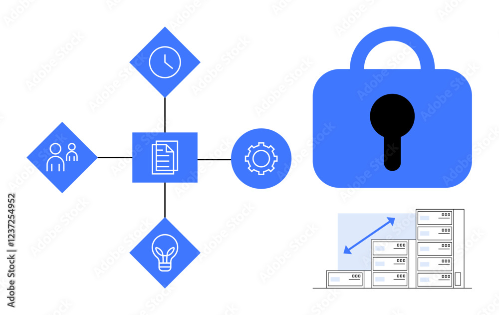Light blue and black icons including people, clock, document, cogwheel and lightbulb connected to a central network with a padlock on the right. Ideal for business, data security, project management Light blue and black icons including people, clock, document, cogwheel and lightbulb connected to a central network with a padlock on the right. Ideal for business, data security, project management